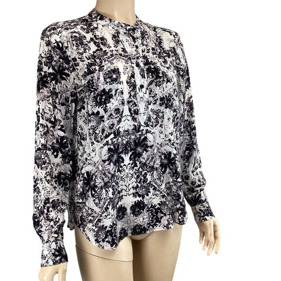 Rebecca‎ Taylor Top Size 4 Black & White Floral Silk Blouse Long Sleeve - Picture 4 of 8